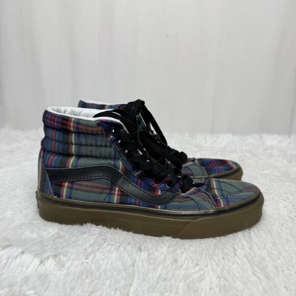 VANS / green red blue tartan plaid classic high top lace up sneakers / 6 - Picture 2 of 9
